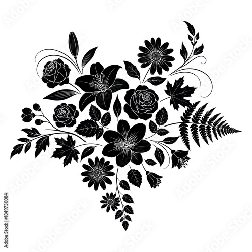 Elegant floral silhouette arrangement featuring diverse blooming flowers and lush foliage in stark