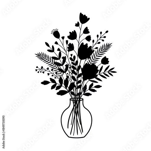 Minimalist black and white floral arrangement in a glass vase emphasizing elegance and simplicity