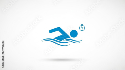 A blue swimming icon with wavy lines and a stopwatch on a white background, symbolizing speed and timing in aquatic sports and fitness activities with a sense of urgency