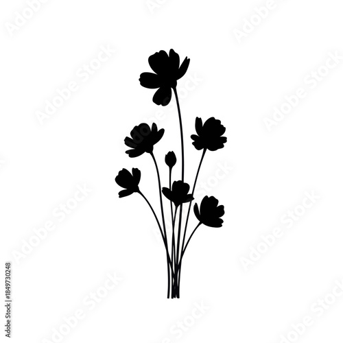 Minimalist silhouette of blooming wildflowers with delicate stems and soft petals in black on a