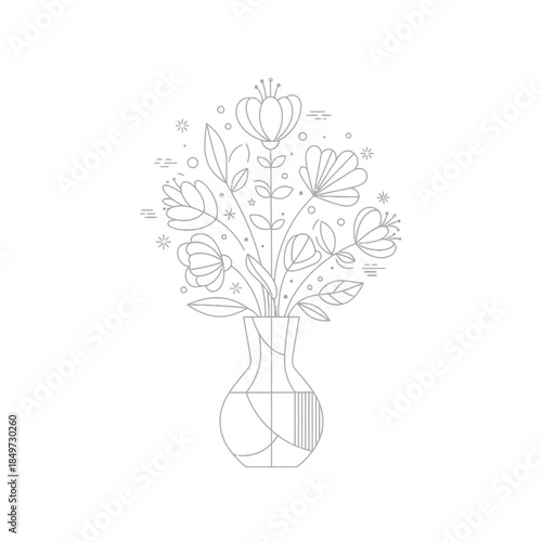 Elegant Minimalist Line Drawing of a Flower Bouquet in a Simple Glass Vase for Artistic and