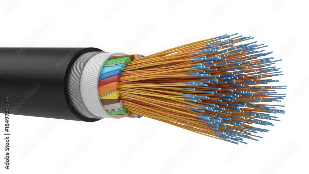 Fototapeta premium Fiber optic cable cross section showing strands and core structure isolated on transparent background
