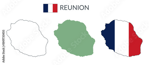 Reunion geographical borders isolated on white background. Flag of Reunion. Vector flat cliparts.