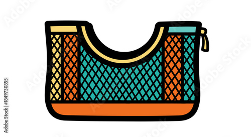 Colorful laundry pouch with mesh design isolated on white background, featuring vibrant orange and teal sections with black outlines, zipper detail