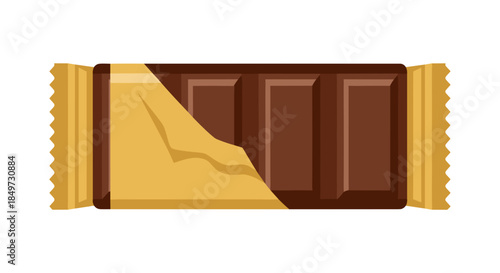 Sealed chocolate bar partially unwrapped, isolated on a white background, showcasing rich brown tones and a smooth, glossy surface in a minimalist style