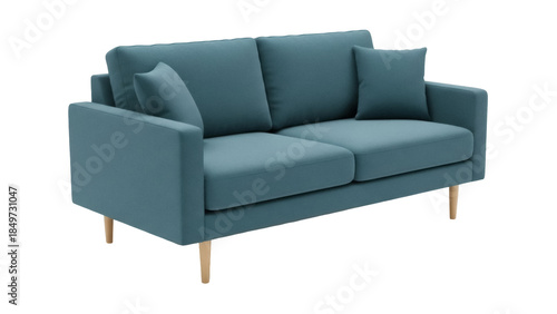 Isolated teal loveseat with pillows and wooden legs, interior furniture for living room décor