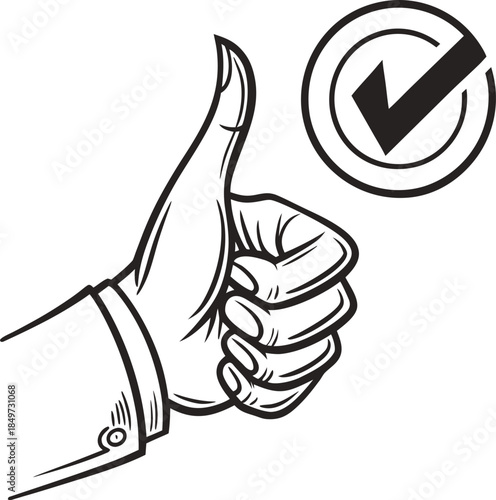 Hand giving thumbs up with checkmark symbol in black and white