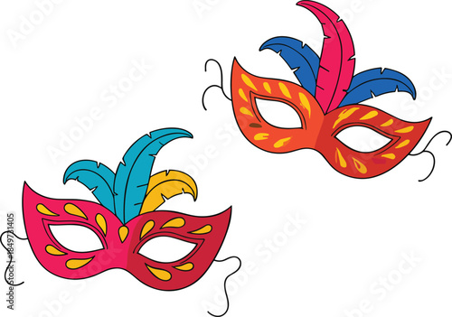 Colorful masquerade masks with feathers carnival party set