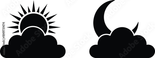 Day and Night: Sun and Moon Cloud Icons, Minimalist Celestial Symbols Silhouette, Black and White Weather and Sky Graphics, illustration, vector, silhouette.