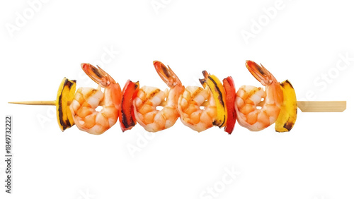 Schilderij op canvas Isolated skewers with grilled shrimp, vegetables, on wooden stick, food, party c