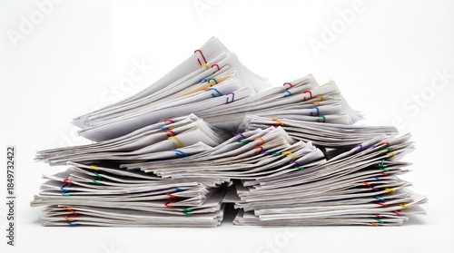 Stacked paper piles with rubber bands in a workspace during the day