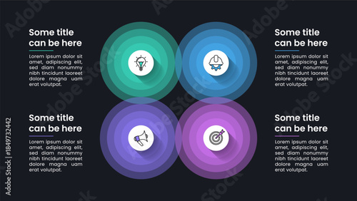 Infographic template. 4 glowing circles in dark style