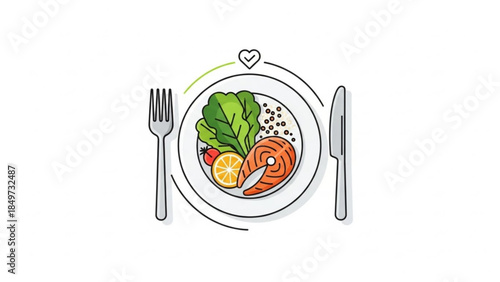 A plate of healthy food with salmon, vegetables, and fruit, served with a fork and knife, symbolizing a balanced and nutritious meal