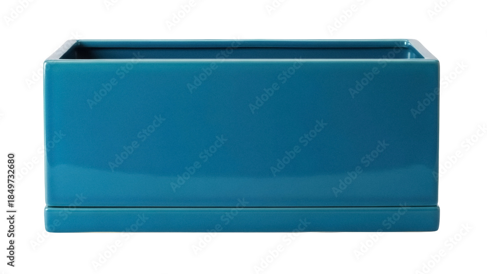Fototapeta premium Isolated blue rectangular planter, ceramic vessel for flowers or herbs, modern decor style