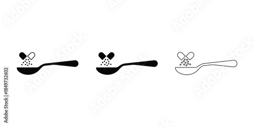 Medicine capsule with spoon icon set, Pharmaceutical dosage and healthcare supplement vector