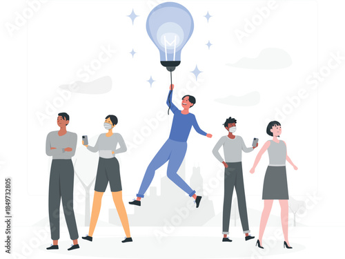 People standing around a man holding a lightbulb group idea inspiration