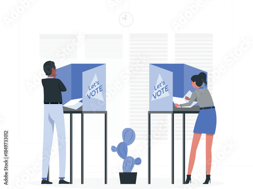 People voting at blue booths with lets vote sign election