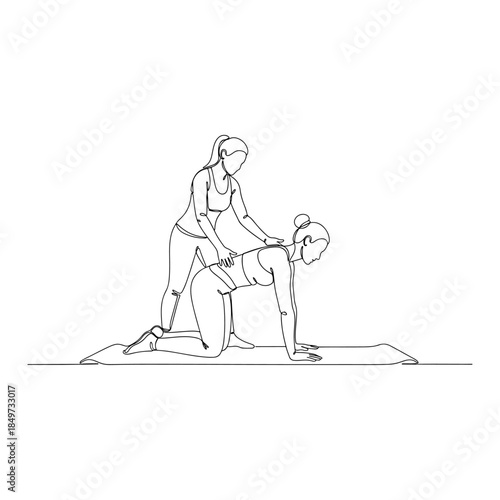 Two women practicing yoga exercise with guidance in minimal line art style.