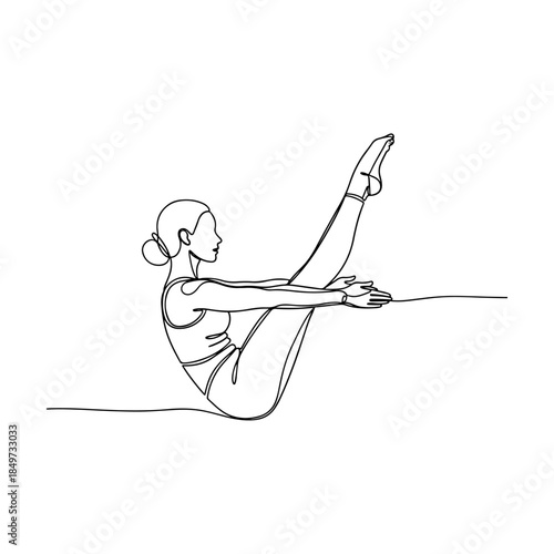 Woman performing pilates pose in seated position continuous line art sketch.