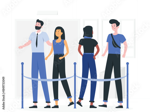 People waiting in line behind blue rope barrier queue desi