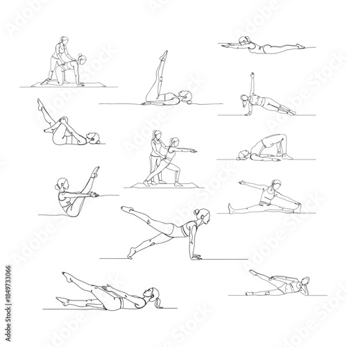 Continuous Line Art Pilates Exercises Set – Minimal Fitness Workout Poses Illustration