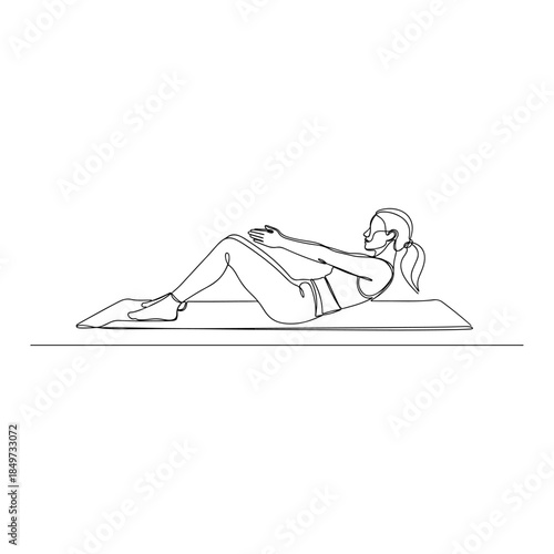 Woman performing abdominal exercise on yoga mat outlined.