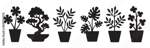 six black silhouette houseplants in pots botanical