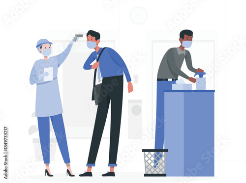 People wearing face masks and taking precautions against C O V I D-19 in office setting COVID-19 des