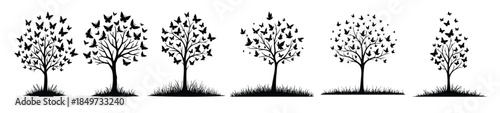 Six black silhouette trees with butterflies and grass