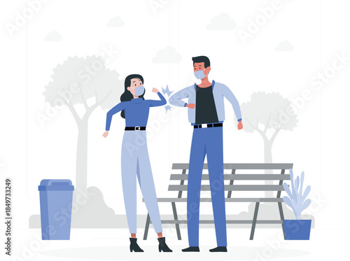 People wearing face masks bump elbows in a park elbow bump bench d