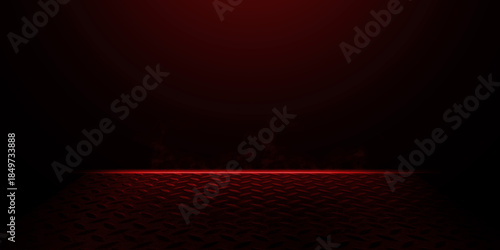 Dramatic red neon stage with a dark metal diamond plate floor and smoky atmosphere. Cinematic 3D room perfect for product displays gaming backgrounds and industrial tech themes