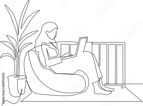 A freelancer woman working at home with laptop computer on cozy sofa. Continuous line art illustration on white background. 