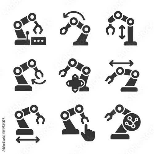 Robotic arm icons displaying various movements and functions.