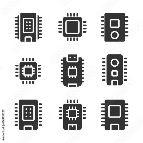 Collection of microchip icons in various designs on white background.