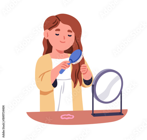 Girl brushing hair with comb. Cute little child standing by table mirror, self grooming and haircare, making hairstyle, daily morning routine. Flat vector illustration isolated on white background