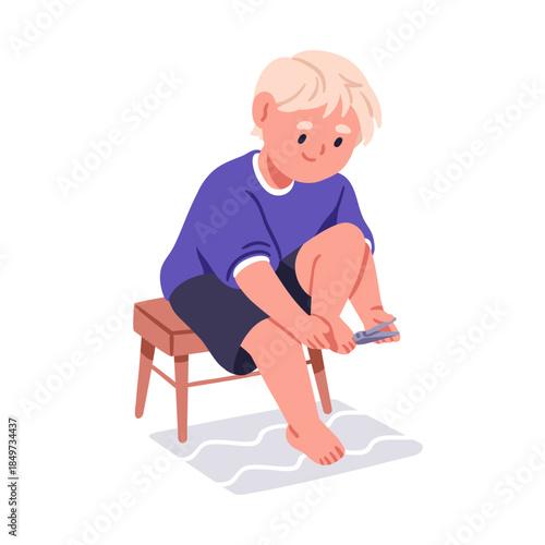 Boy trimming toenails. Cute child sitting, cutting toe nails with clippers. Feet care, child during personal hygiene routine, self grooming. Flat vector illustration isolated on white background