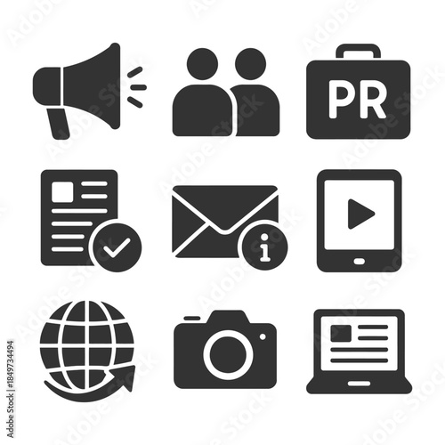 Public relations icons: megaphone, email, globe, camera, pr briefcase, laptop.