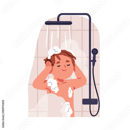Boy taking shower. Little kid washing, cleaning hair with shampoo foam, enjoying personal hygiene routine in bathroom. Child standing under water. Flat vector illustration isolated on white background