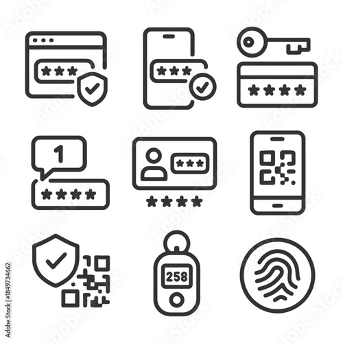 Icon set depicting online security and authentication elements.