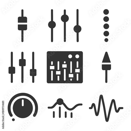 Black audio control icons set featuring equalizers knob and waveform.