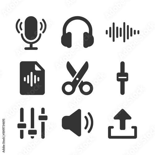 Audio editing icons: microphone, headphones, sound waves, file, scissors, controls.
