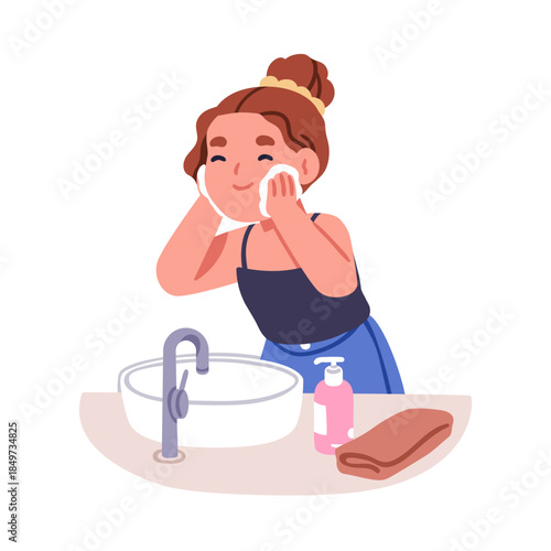 Girl during skincare routine. Kid cleansing, cleaning, washing face with foam. Little child during personal hygiene, skin care in bathroom. Flat vector illustration isolated on white background