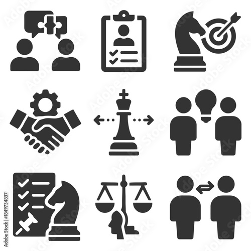 Strategy and teamwork icons set: chess pieces, communication, decision-making, justice, innovation.