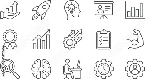 Business growth line icons set, representing startup success, productivity analytics, strategy teamwork, innovation performance management and optimization concepts for enterprises