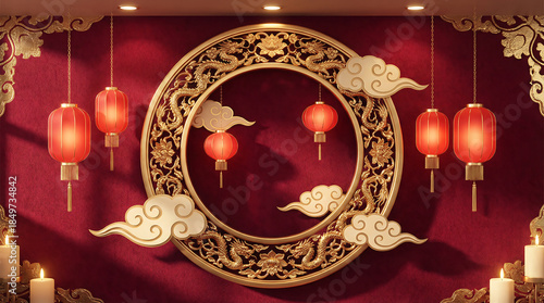 Chinesenewyear redbackground 3d frame lantern gold dragon cloud luxury circular decoration candle festive glow design celebrate happiness oriental culture holiday art