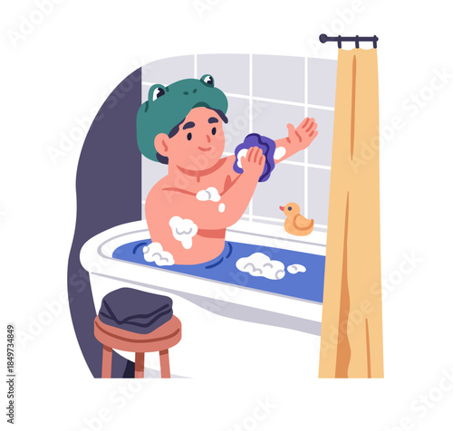 Boy taking bath. Happy child in bathtub, self washing with sponge, soap and water. Personal hygiene routine. Cute kid, body care at bathroom. Flat vector illustration isolated on white background