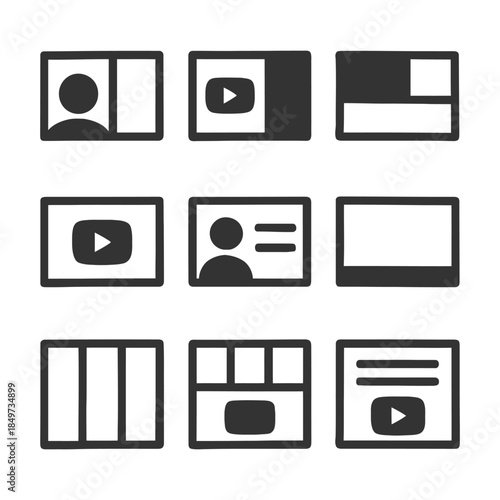 Nine minimalist video player icons with play buttons and user interface elements.