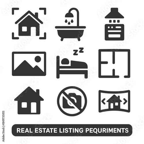 Essential real estate icons: home, bath, bed, floor plans, camera.