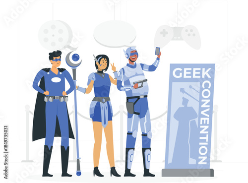 Three cosplayers at geek convention superhero robot game d