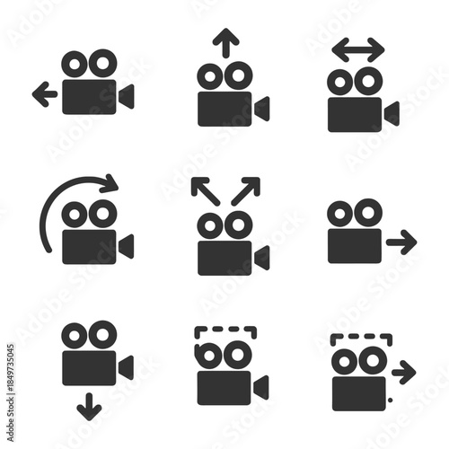 Film camera icons set indicating various movements and directions.